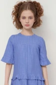 Kız Çocuk Kolu Lastikli Beli Fırfırlı Mavi Elbise thumbnail 3