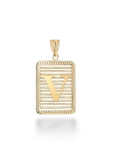 V Harfi Taşsız Izgara Modeli 14 Ayar Altın Harfli Kolye Ucu Uç thumbnail 1