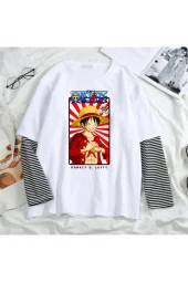 Harajuku Anime One Piece Strawhat Fake Sleeves Unisex Beyaz T-shirt - 1