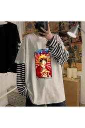 Harajuku Anime One Piece Strawhat Fake Sleeves Unisex Beyaz T-shirt - 2