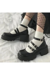 Touz Siyah Oxford Harajuku Tarz Bilek Toka Lolita Ayakkabı - 1