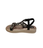 YAZKIŞ Kadın Siyah Gümüş Üzeri Taşlı Bileği Lastikli 3cm Kalın Düz Taban Sandalet - 9