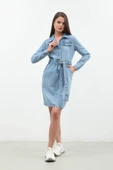 Kemerli Uzun Kollu Jean Elbise - 7
