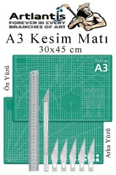Kesim Matı A3 Kretuar Seti ve Çelik Cevel 30 Cm 1 Adet 30x45 cm Çift Taraflı Çizim Matı Kesme Madı Kesim Tablası Kesim Altlığı - 1