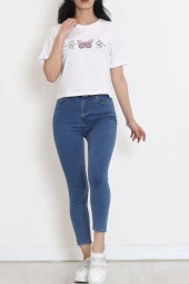 Baskılı Crop Tişört Beyaz - 16478.1567. - 6