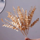 Nettenevime Yapay Çiçek Gold Altın Renk Okaliptus 3Dallı Uzun Dal 76cm Eucalyptus thumbnail 1