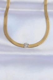 316L Çelik Gold Renk Tek Zirkon Taşlı İtalyan Zincir Kolye - EBJ240613W24945 thumbnail 1