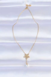 316L Çelik Zincir Gold Renk İnci Detay Çiçek Kolye - EBJ240613W24928 thumbnail 2