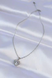 316L Çelik Zincir Gümüş Renk Zirkon Taşlı Charm Kalp Kolye - EBJ240613W24942 thumbnail 2