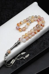 Turuncu-Beyaz Akik Doğal Taş Tesbih 8 mm Küre Kesim thumbnail 1