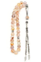 Turuncu-Beyaz Akik Doğal Taş Tesbih 8 mm Küre Kesim thumbnail 2