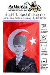 Atatürk Baskılı Türk Bayrağı 50x75 cm 1 Adet Bayraklı Atatürk Posteri Dijital Baskı Raşel Kumaş İç ve Dış Ortama Uygundur - 1