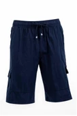 Lacivert Kargo Cepli Beli Lastikli Unisex Keten Şort  %100 Pamuk - 1