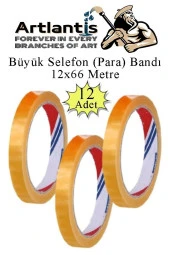 12x66 Metre Selefon Bant 12 Adet Büro Bandı Büyük Bant Makinelerine Uyumlu Kırtasiye Şeffaf Para Bandı - 1