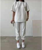 Unisex Düz T-Shirt Ve Eşofman Takımı - Beyaz - 2