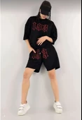 Unisex Nakış İşlemeli Şort Takım - Siyah - 2