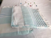 NİVEMESHOME TURKUAZ-BEYAZ ÇİZGİLİ PÜSKÜLLÜ PLAJ HAVLUSU - 1