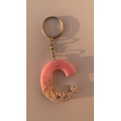 C Harfi Pembe Renk Epoksi ve Deniz Kabuğu Kırığı Süslemeli Gümüş Halka Anahtarlık El Yapımı Hediyelik - 3