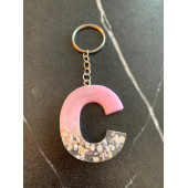 C Harfi Pembe Renk Epoksi ve Deniz Kabuğu Kırığı Süslemeli Gümüş Halka Anahtarlık El Yapımı Hediyelik - 7