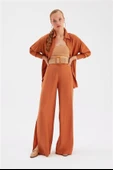 Yırtmaçlı keten pantolon - taba renk - 4