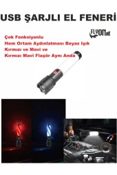 Şajlı El Feneri Çok Fonksiyonlu Fener Hem Ortam Aydınlatma ve Kırmızı Mavi Flaşör Lamba Mıknatıslı - 4