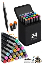 24 Adet Çift Taraflı Marker Kalem Çantalı 1 Paket 24 Renk Touch Markör Çift Uçlu Keçeli Kalem Sanat Tasarım Hobi - 1
