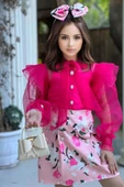 Kız Çocuk Boydan Düğmelei Transparan Detaylı Fuşya Etekli Takım thumbnail 7