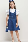 Kız Çocuk Dokuma İşlemeli Gömlek ve Askı Detaylı Jean Mavi Elbise - 1