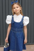 Kız Çocuk Dokuma İşlemeli Gömlek ve Askı Detaylı Jean Mavi Elbise - 6