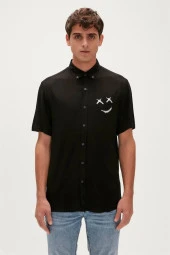Bad Bear Smile Shirt Siyah Kısa Kollu Baskılı Erkek Gömlek - 1