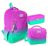 Coral High Üç Gözlü İlkokul ve Ortaokul Çanta Seti - Kız Çocuk - Pembe Su Yeşili Renk Geçişli Desenli thumbnail 1