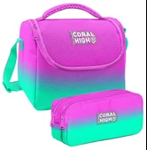 Coral High Pembe Su Yeşili Renk Geçişli Desenli Kız Çocuk Isı Yalıtımlı Beslenme Çantası ve Kalemlik Seti thumbnail 1