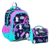 Coral High Üç Gözlü İlkokul Çantası ve Beslenme Çantası - Lacivert Pembe Kedili Desenli - Kız Çocuk thumbnail 1