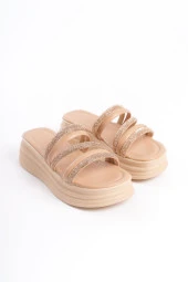 ELISE Düz Topuklu Şeritli Taşlı Kalın ve Ortopedik Taban Kadın Terlik TT Ten - 8