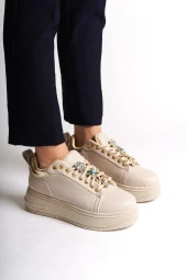 BRIANNA Bağcıklı Ortopedik Taban Renkli Taş Dekorlu Kadın Sneaker Ayakkabı KT Krem/Altın - 2