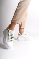 BRIANNA Bağcıklı Ortopedik Taban Renkli Taş Dekorlu Kadın Sneaker Ayakkabı BT Beyaz/Altın - 6