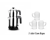 Korkmaz Çelik Çay Makinesi Siyah Kulplu 3 Adet Cam Kupa thumbnail 1