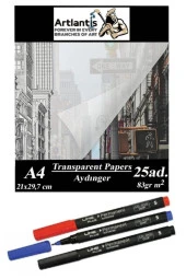 Aydınger Kağıdı A4 83 gr 25'li 1 Paket Eskiz Kağıdı Lineplus Asetat Kalemi S 0.3 Siyah Kırmızı Mavi - 1