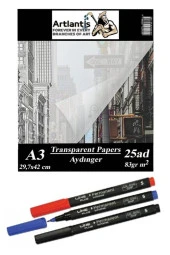 Aydınger Kağıdı A3 83 gr 25'li 1 Paket Eskiz Kağıdı Lineplus Asetat Kalemi S 0.3 Siyah Kırmızı Mavi - 1