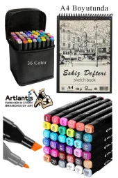 Eskiz Defteri A4 50 Yaprak 100 gr 1 Adet 36 Renk Çift Taraflı Marker Kalem 36 Adet Touch Çift Uçlu - 1