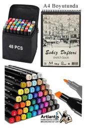 Eskiz Defteri A4 50 Yaprak 100 gr 1 Adet 48 Renk Çift Taraflı Marker Kalem 48 Adet Touch Çift Uçlu - 1