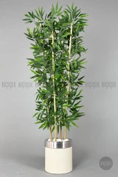 BİÇİÇEK   Yapay bambu ağacı 140cm krem gümüş metal saksıda - 4