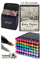 Eskiz Defteri A5 50 Yaprak 100 gr 1 Adet 60 Renk Çift Taraflı Marker Kalem 60 Adet Touch Çift Uçlu - 1