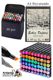 Eskiz Defteri A4 50 Yaprak 100 gr 1 Adet 60 Renk Çift Taraflı Marker Kalem 60 Adet Touch Çift Uçlu - 1
