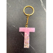 T Harfi Pembe Renk Epoksi ve Deniz Kabuğu Kırığı Süslemeli Gold Halka Anahtarlık El Yapımı Hediyelik thumbnail 3