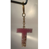 T Harfi Pembe Renk Epoksi ve Deniz Kabuğu Kırığı Süslemeli Gold Halka Anahtarlık El Yapımı Hediyelik thumbnail 4