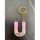 U Harfi Pembe Renk Epoksi ve Deniz Kabuğu Kırığı Süslemeli Gold Halka Anahtarlık El Yapımı Hediyelik thumbnail 3