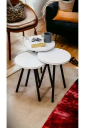 Yüksek Kalite 3 Adet Zigon Sehpa Çay Sehpası Servis Sehpası Boyalı Ahşap Ayaklı - 2