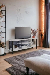 Yüksek Kalite Tv Sehpası Raflı Televizyon Ünitesi Ahşap Ayaklı Metal Bölmeli - 3
