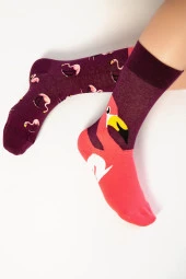 Unisex Bordo Flamingo Renkli Çorap - 2